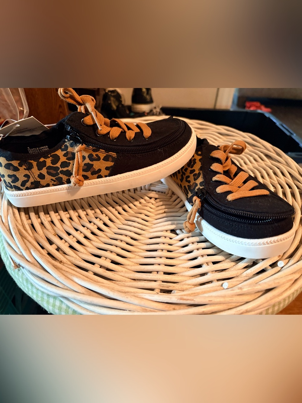 Black & Leopard Kids Casual Sneakers with zipper for easy on and off w/Tan Laces